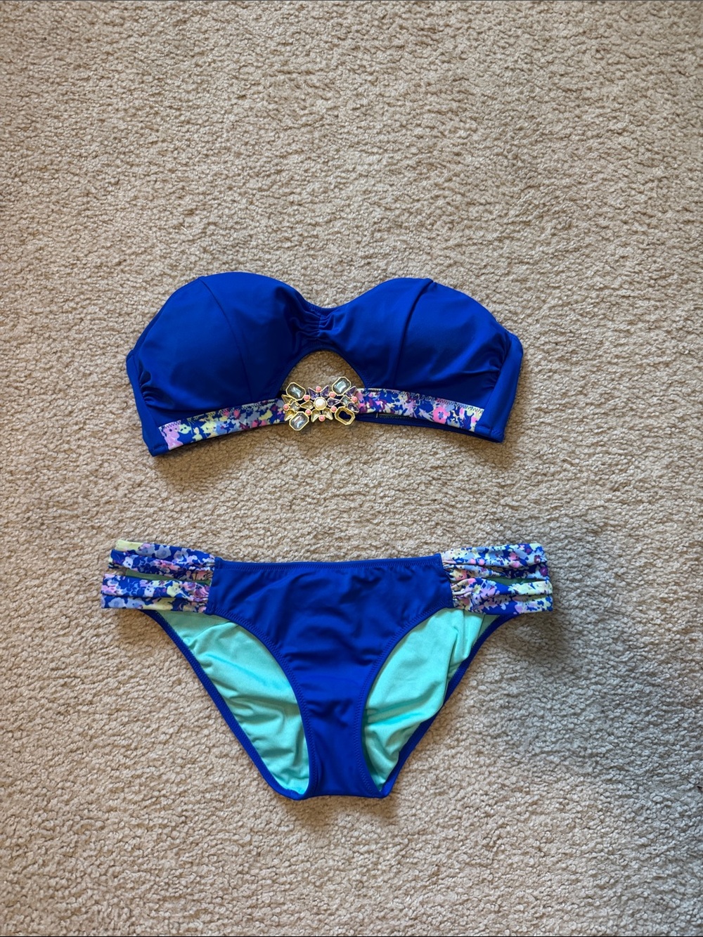 Victoria's Secret Teal/Aqua Watercolor Floral Bikini, sz S bottom and size M top